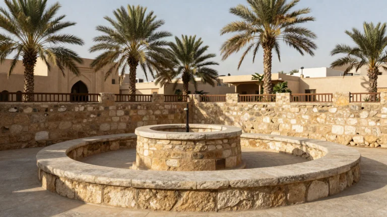 AI illustration of a restored historic stone well among palms in the Quba area of Madinah
