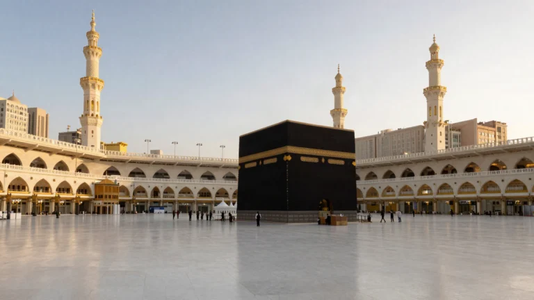 AI illustration of present-day Masjid al-Haram in Makkah: white marble courtyard, arcades and minarets around the Kaaba