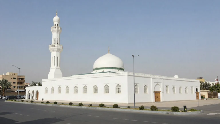 AI illustration of Masjid al-Ijabah, a white mosque with one minaret in Madinah