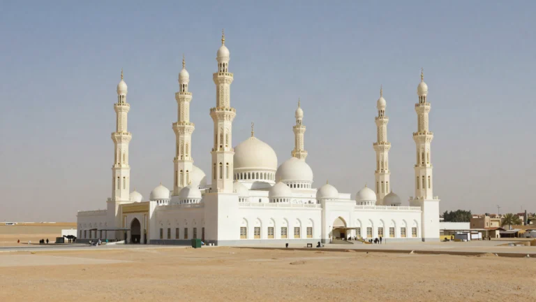 AI illustration of Masjid Namirah, a large white mosque with minarets on the plain of Arafat