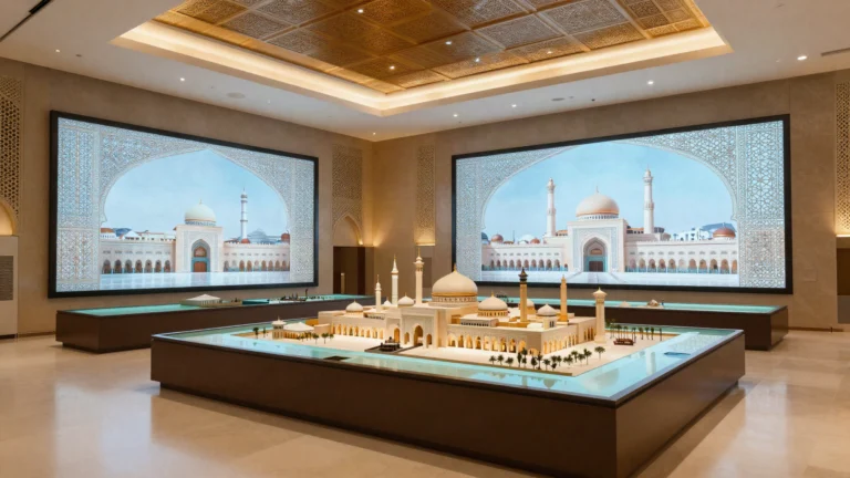 AI illustration of a modern museum hall with screens and architectural models in Madinah