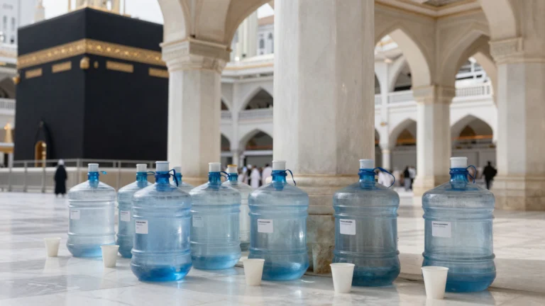 AI illustration of Zamzam water containers inside the marble halls of Masjid al-Haram